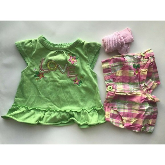 Baby Girl's Size 6M 3-6 Months 3 Pc Green Floral LOVE Top, Plaid Shorts + - Picture 1 of 7